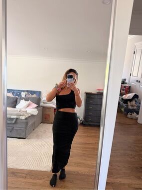 Women's Black One-Shoulder Cutout Midi Skirt Set